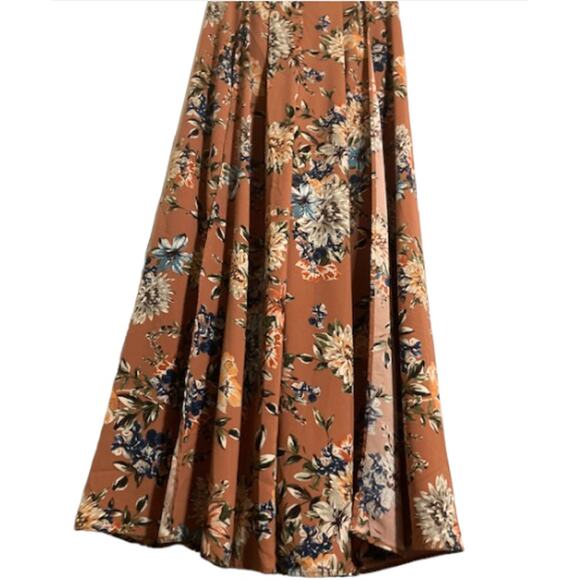 Floral SLIT Pants - Windsor - Brown Flower Pattern Palazzo Wide Leg Pants - L - Picture 5 of 6